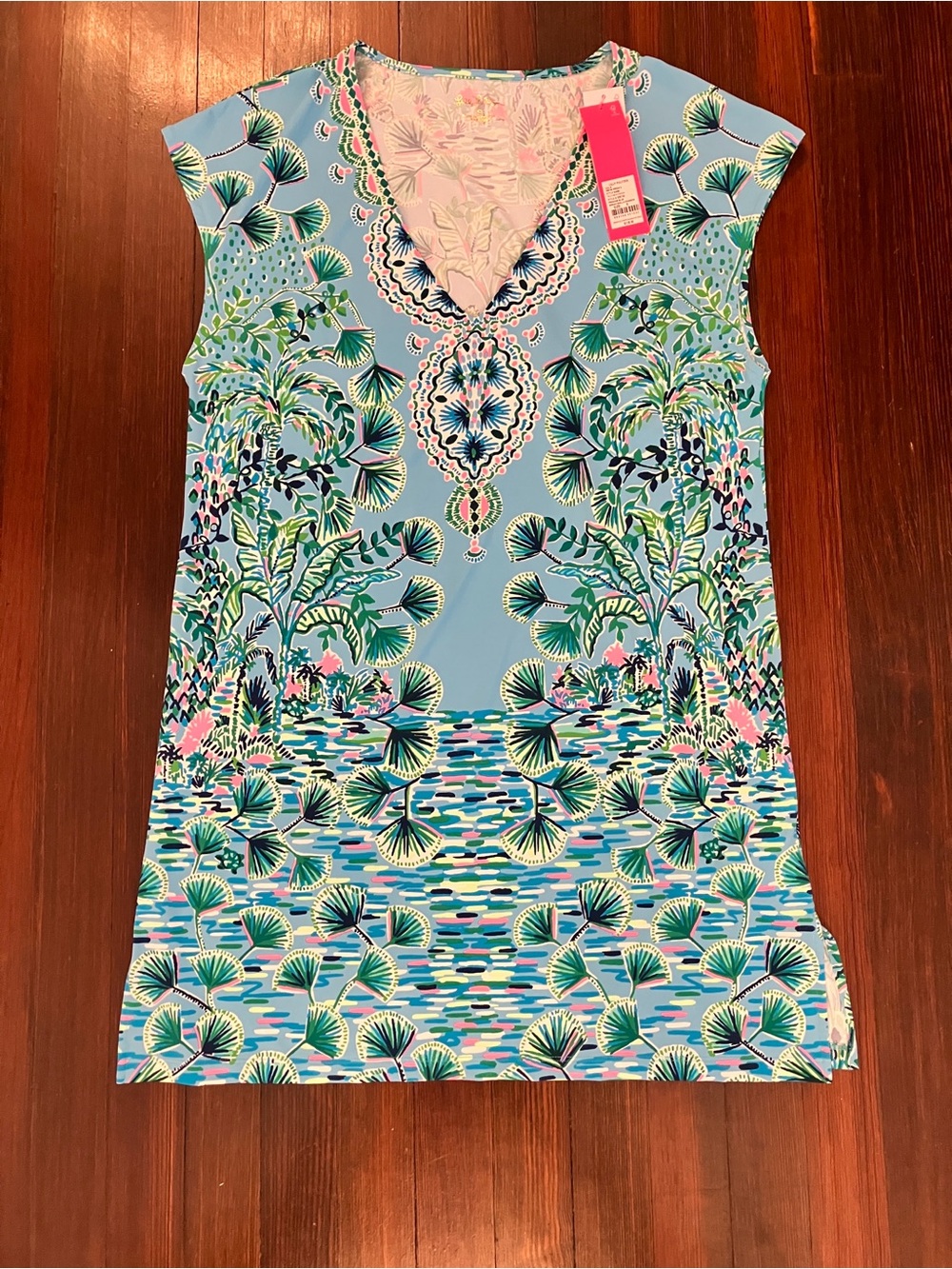 Lilly Pulitzer Sky Blue V-Neck Tunic with Green & Pink Print
